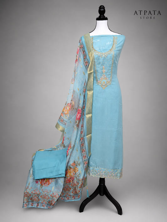 Powder Blue Embroidered Unstitched Suit with Floral Printed Dupatta & Sequin Border Work