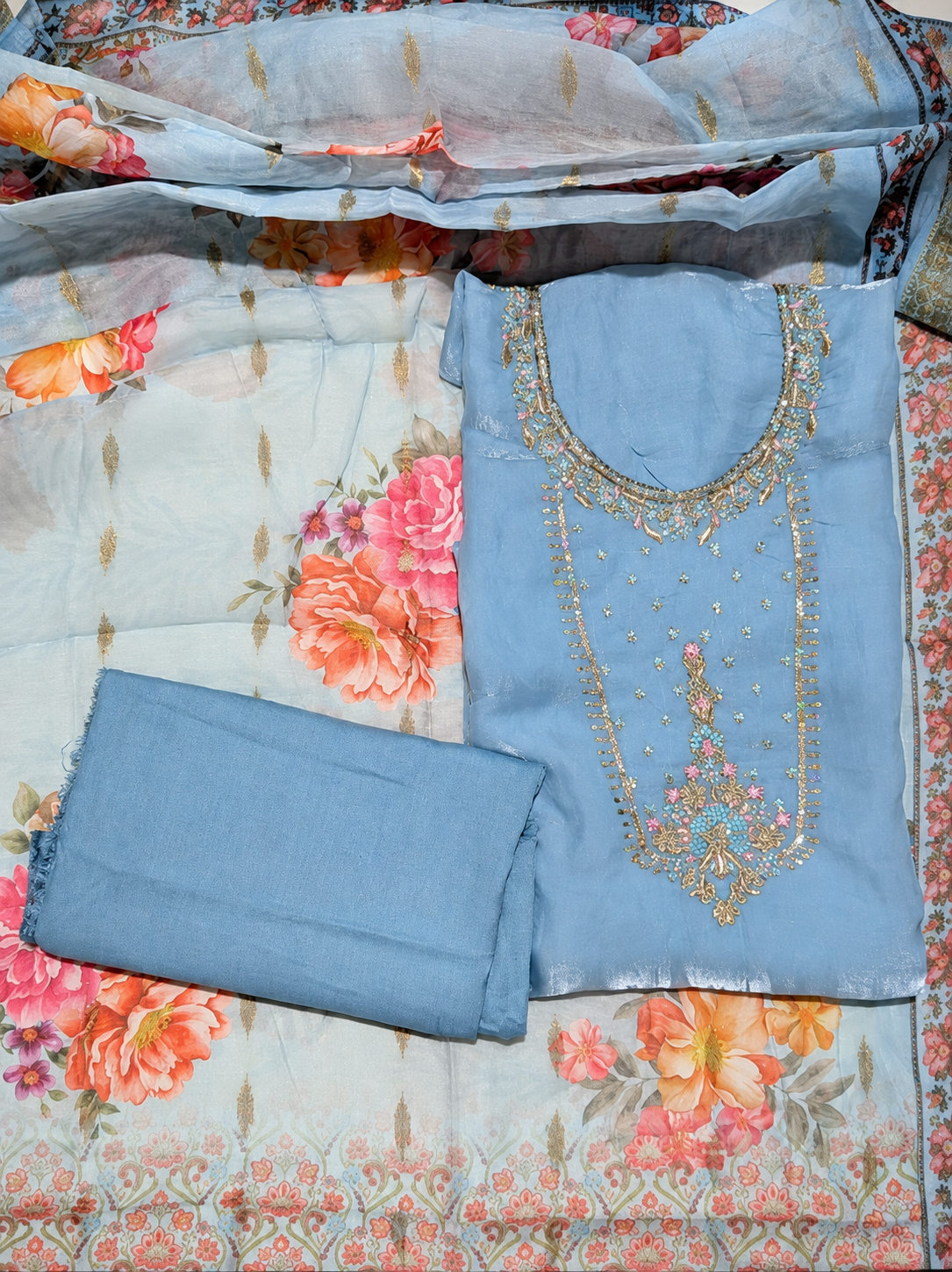 Powder Blue Embroidered Unstitched Suit with Floral Printed Dupatta & Sequin Border Work