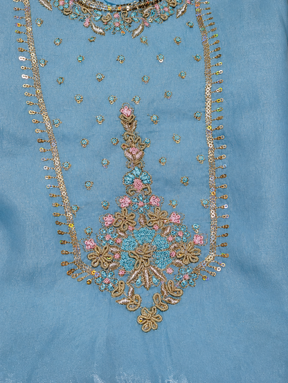 Powder Blue Embroidered Unstitched Suit with Floral Printed Dupatta & Sequin Border Work