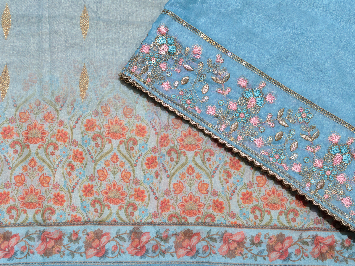Powder Blue Embroidered Unstitched Suit with Floral Printed Dupatta & Sequin Border Work