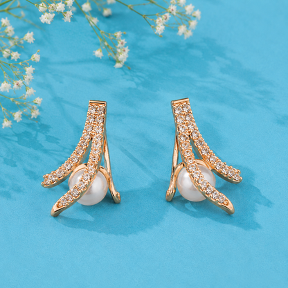 Rose Gold Pearl Crystal Stud Earrings for Women | Elegant Pearl Statement Earrings