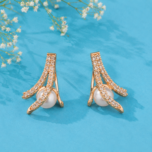 Rose Gold Pearl Crystal Stud Earrings for Women | Elegant Pearl Statement Earrings