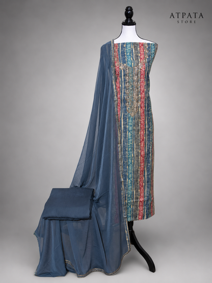 Navy Blue Striped Unstitched Suit with Sequin Embellished Neckline & Chiffon Dupatta