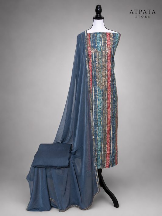 Navy Blue Striped Unstitched Suit with Sequin Embellished Neckline & Chiffon Dupatta