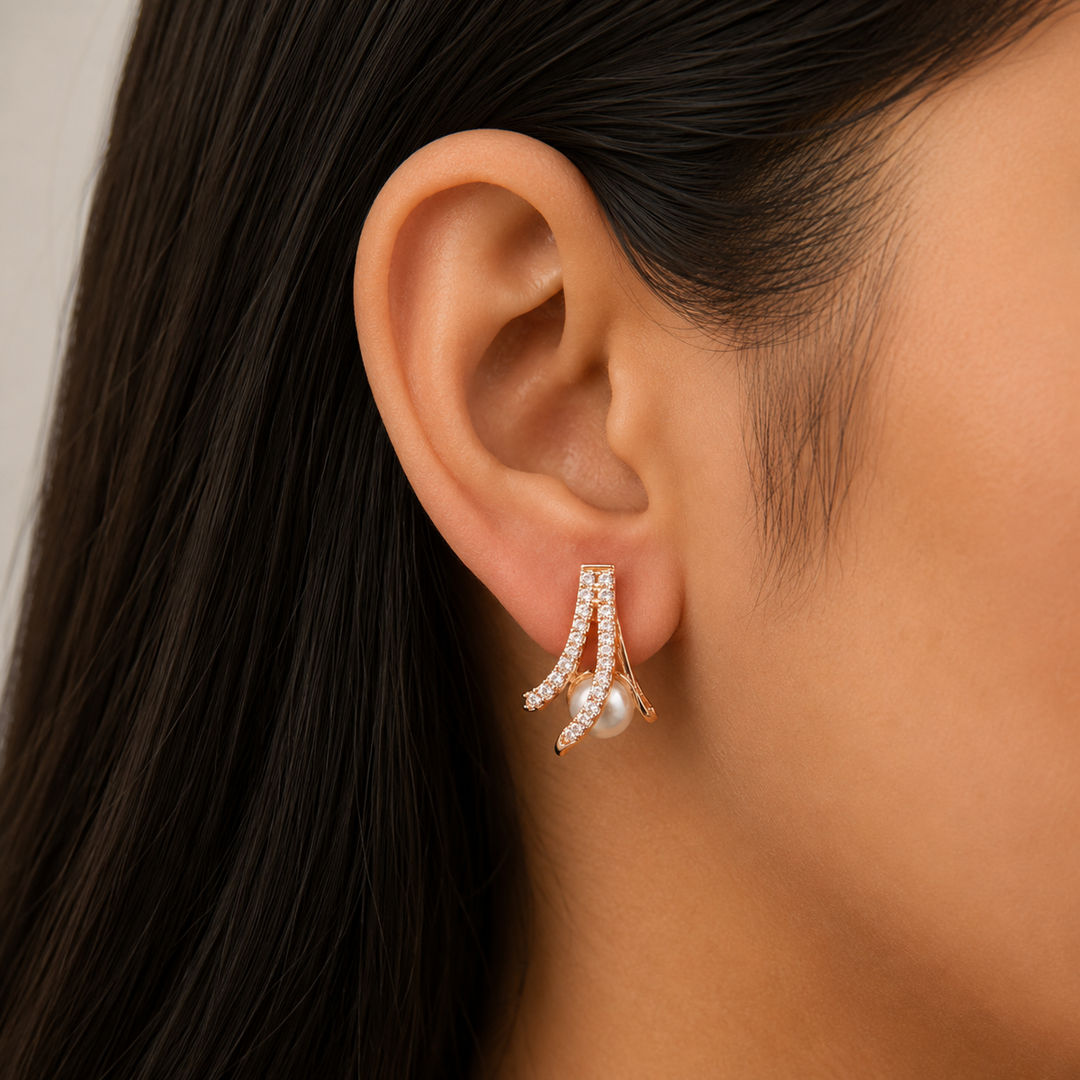 Rose Gold Pearl Crystal Stud Earrings for Women | Elegant Pearl Statement Earrings