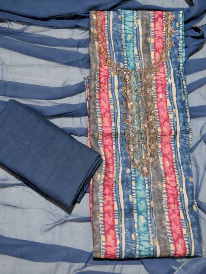 Navy Blue Striped Unstitched Suit with Sequin Embellished Neckline & Chiffon Dupatta