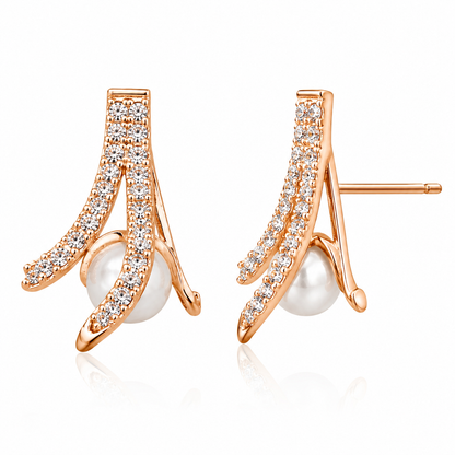 Rose Gold Pearl Crystal Stud Earrings for Women | Elegant Pearl Statement Earrings