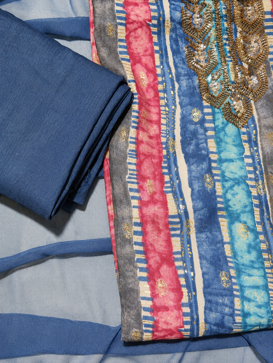 Navy Blue Striped Unstitched Suit with Sequin Embellished Neckline & Chiffon Dupatta