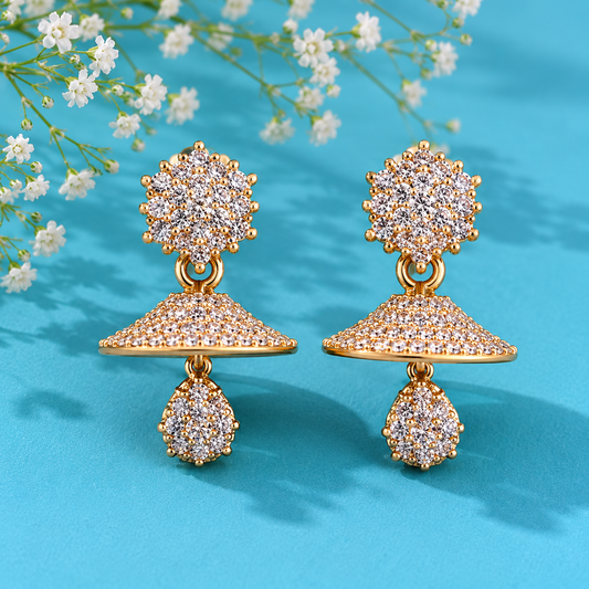 Luxury CZ Dome Drop Earrings for Women | Gold Tone Crystal Statement Earrings