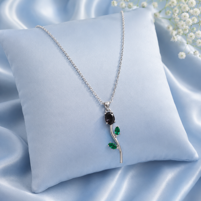 Silver Rose Flower Pendant Necklace with Green Crystal Leaves