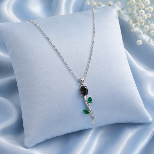 Silver Rose Flower Pendant Necklace with Green Crystal Leaves