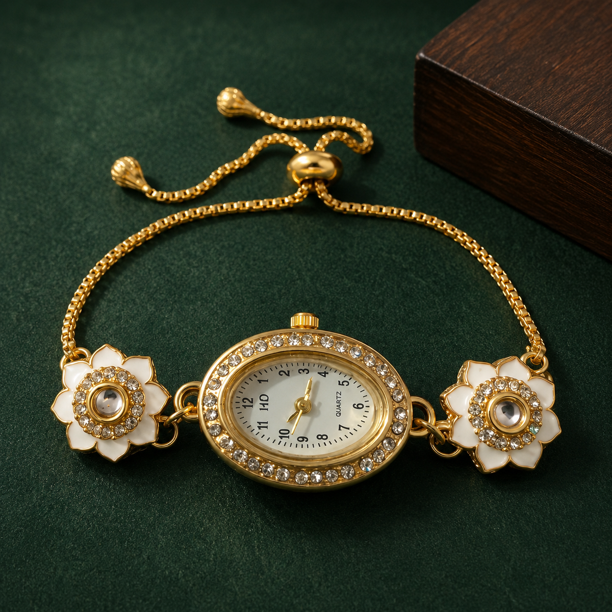 Elegant Floral Bracelet Watch for Women | Gold-Tone Adjustable Chain Watch with Crystal Studded Dial