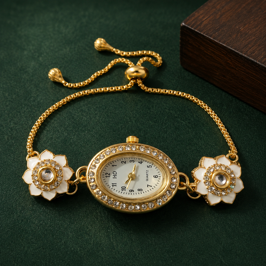 Elegant Floral Bracelet Watch for Women | Gold-Tone Adjustable Chain Watch with Crystal Studded Dial