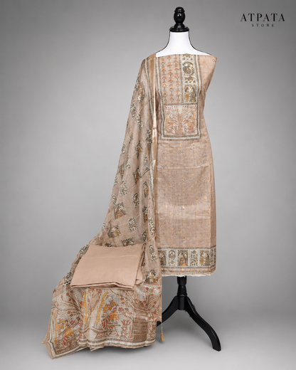 Beige Heritage Print Unstitched Suit with Artistic Panel Design & Printed Dupatta