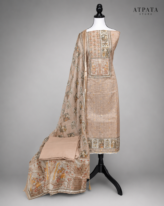 Beige Heritage Print Unstitched Suit with Artistic Panel Design & Printed Dupatta