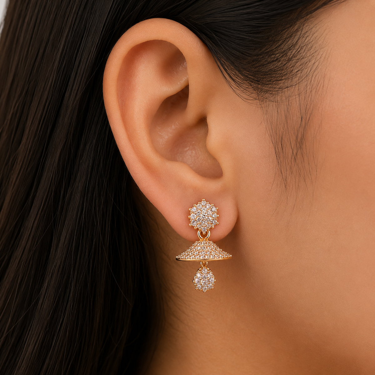 Luxury CZ Dome Drop Earrings for Women | Gold Tone Crystal Statement Earrings