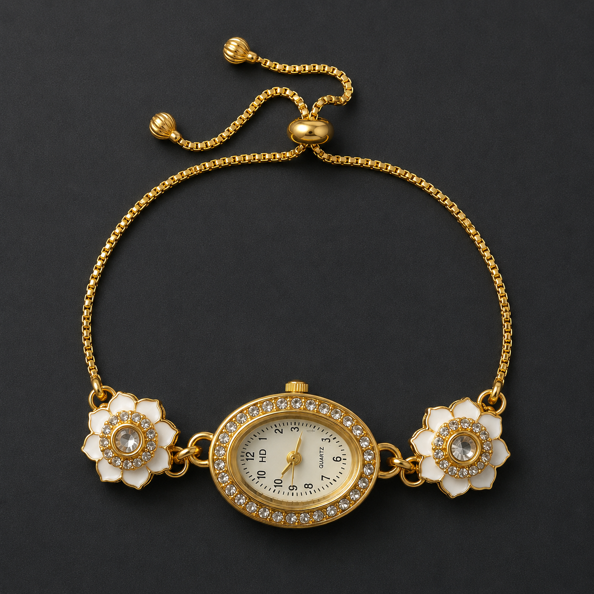 Elegant Floral Bracelet Watch for Women | Gold-Tone Adjustable Chain Watch with Crystal Studded Dial