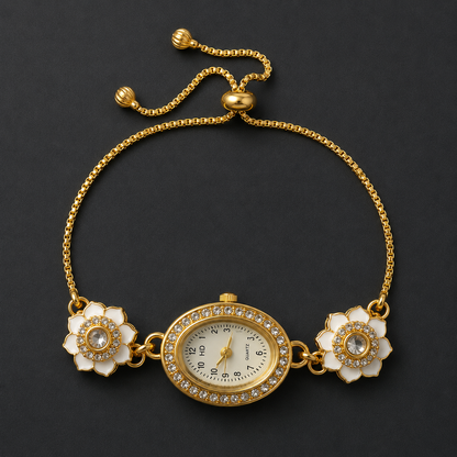 Elegant Floral Bracelet Watch for Women | Gold-Tone Adjustable Chain Watch with Crystal Studded Dial