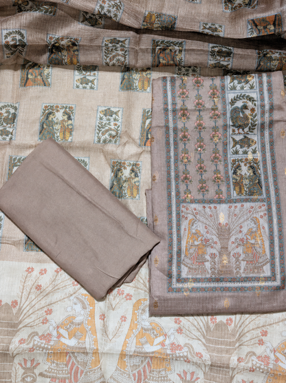 Beige Heritage Print Unstitched Suit with Artistic Panel Design & Printed Dupatta