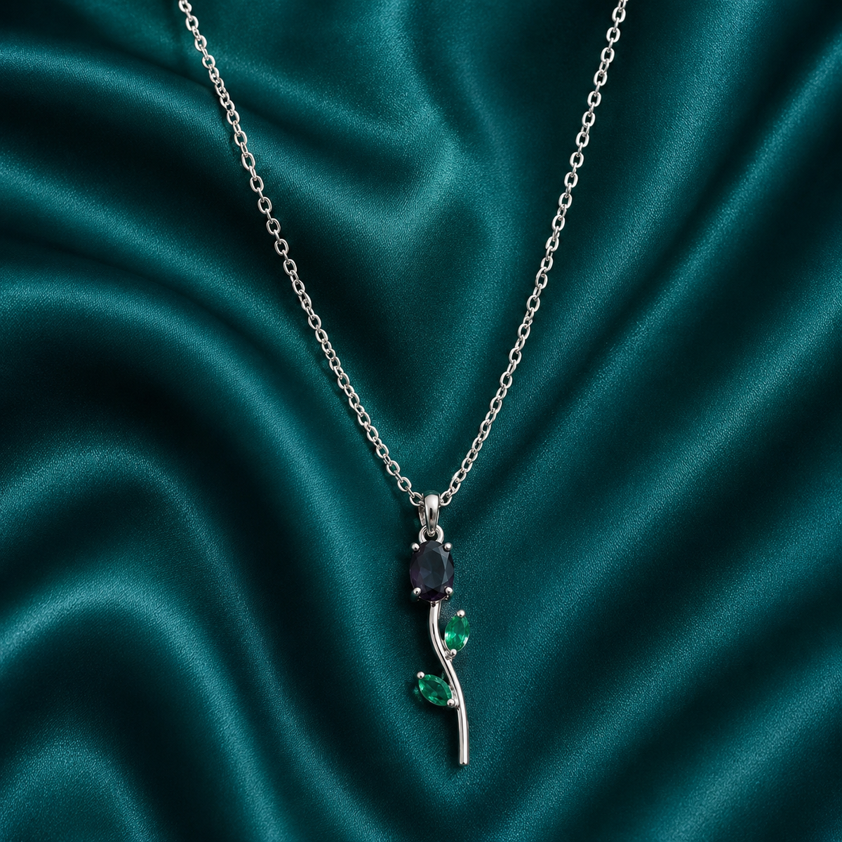 Silver Rose Flower Pendant Necklace with Green Crystal Leaves