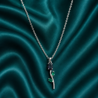 Silver Rose Flower Pendant Necklace with Green Crystal Leaves
