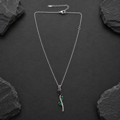 Silver Rose Flower Pendant Necklace with Green Crystal Leaves