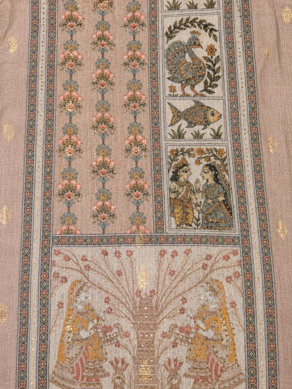 Beige Heritage Print Unstitched Suit with Artistic Panel Design & Printed Dupatta