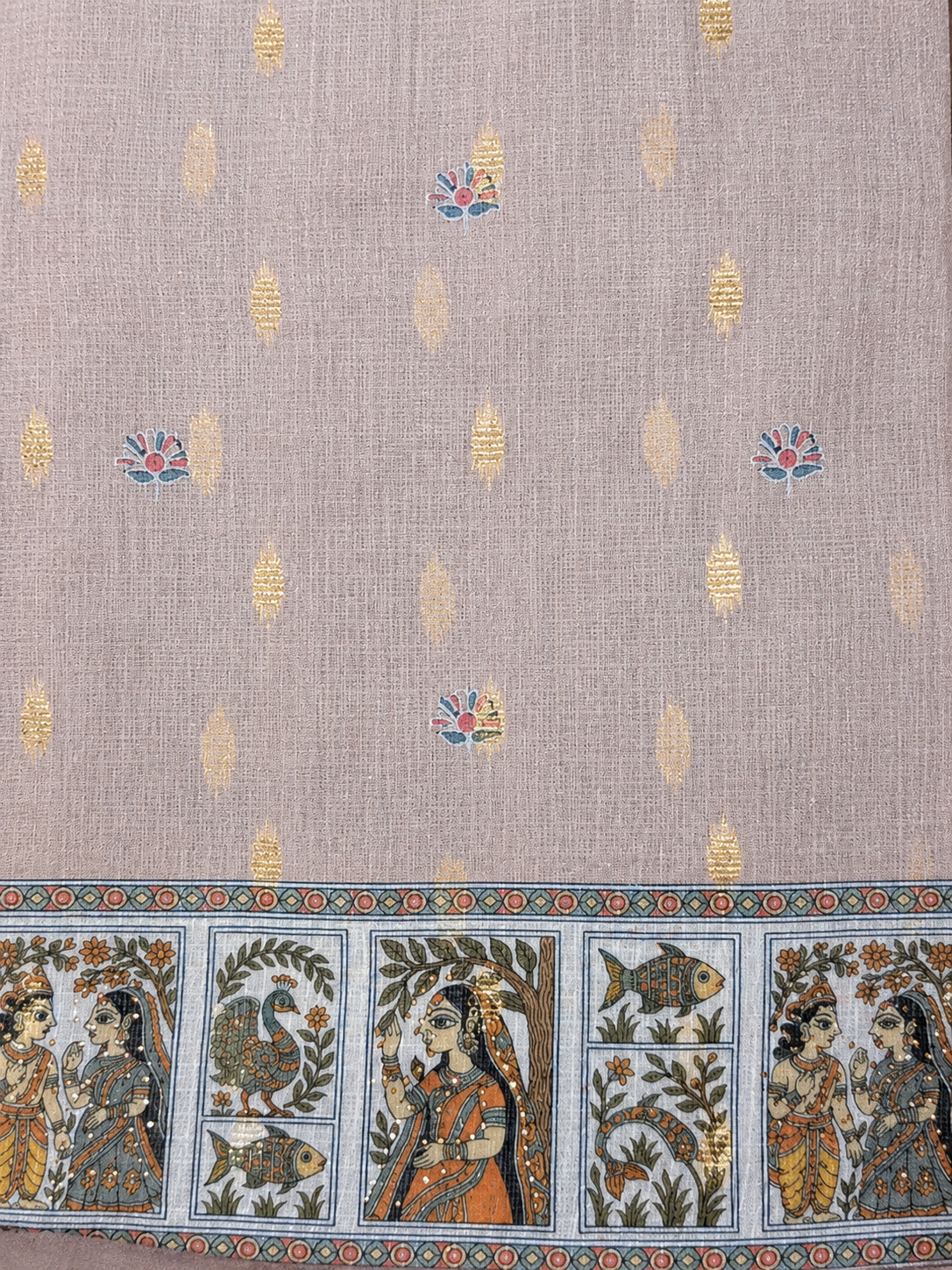 Beige Heritage Print Unstitched Suit with Artistic Panel Design & Printed Dupatta