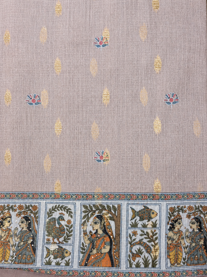 Beige Heritage Print Unstitched Suit with Artistic Panel Design & Printed Dupatta