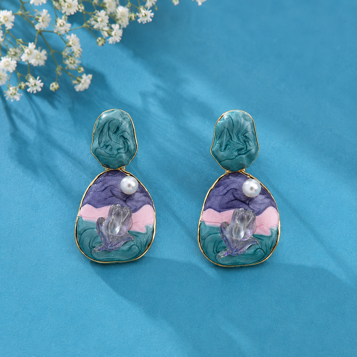 Artistic Floral Landscape Drop Earrings for Women | Multicolor Resin Statement Earrings