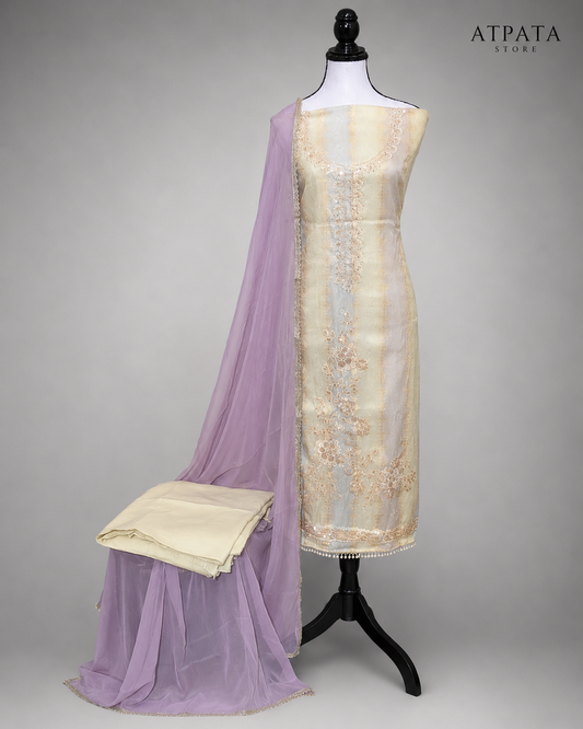 Ivory Embroidered Unstitched Suit with Lavender Dupatta & Pearl Border Detailing