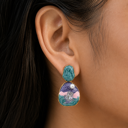 Artistic Floral Landscape Drop Earrings for Women | Multicolor Resin Statement Earrings