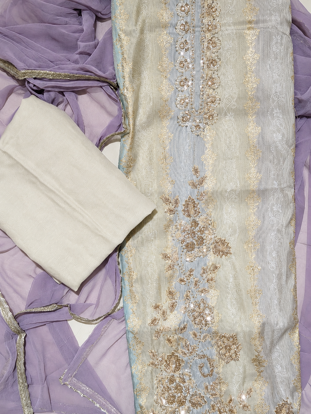 Ivory Embroidered Unstitched Suit with Lavender Dupatta & Pearl Border Detailing
