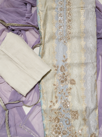 Ivory Embroidered Unstitched Suit with Lavender Dupatta & Pearl Border Detailing
