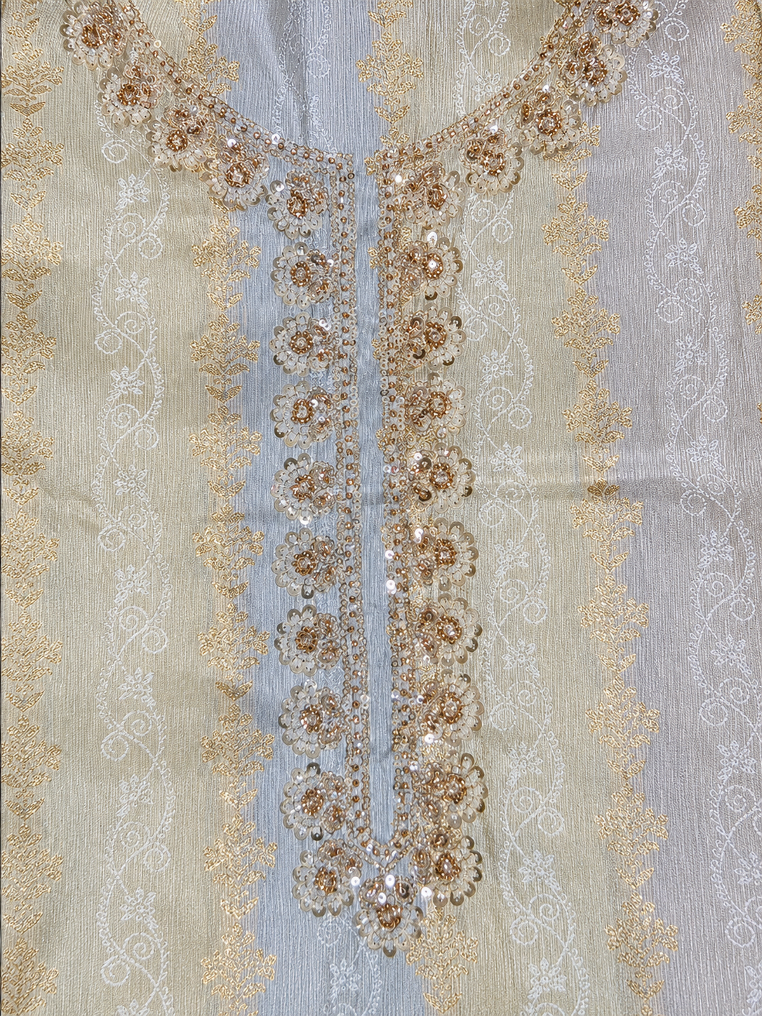 Ivory Embroidered Unstitched Suit with Lavender Dupatta & Pearl Border Detailing