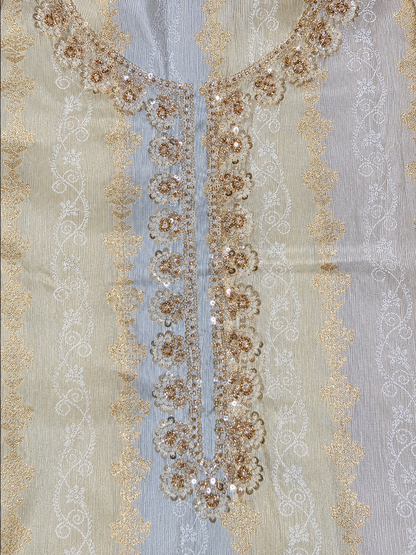Ivory Embroidered Unstitched Suit with Lavender Dupatta & Pearl Border Detailing