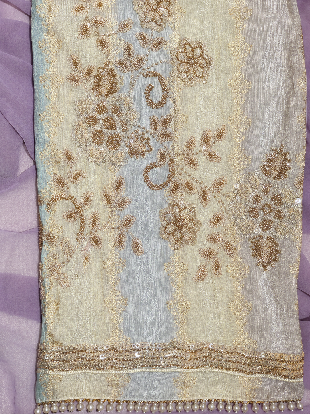 Ivory Embroidered Unstitched Suit with Lavender Dupatta & Pearl Border Detailing
