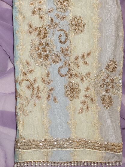 Ivory Embroidered Unstitched Suit with Lavender Dupatta & Pearl Border Detailing