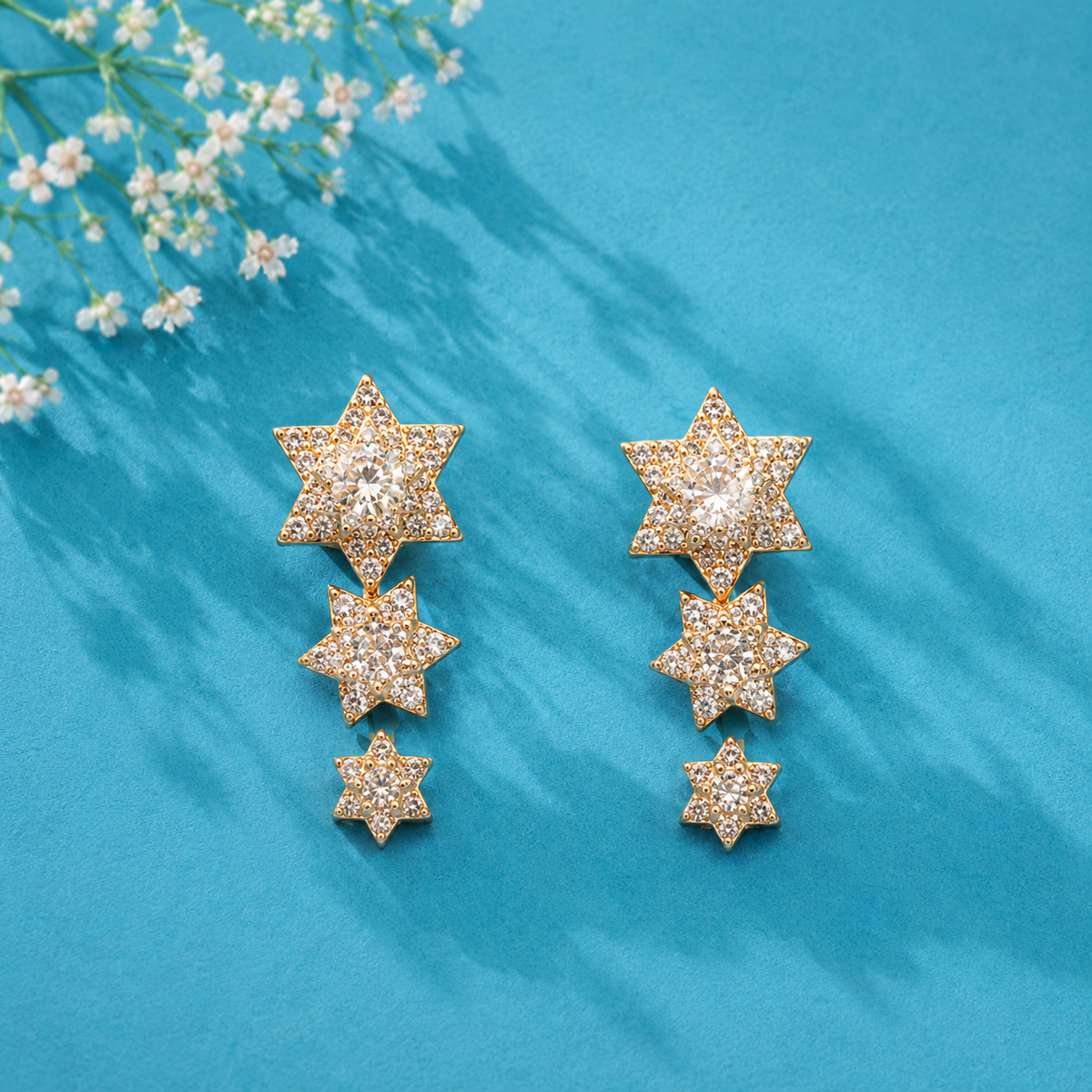 3 Pair Star Crystal Stud Earrings Set for Women | Gold Tone Sparkling Star Earrings Combo