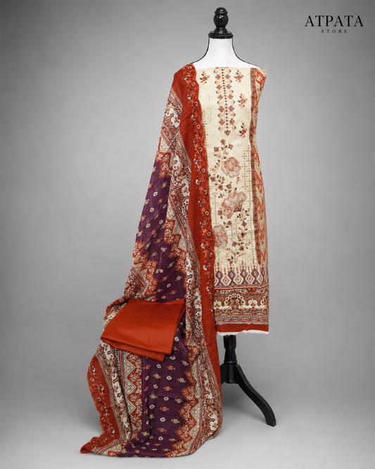 Cream Floral Embroidered Unstitched Suit with Rust Orange Printed Dupatta