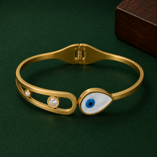 Gold-Tone Evil Eye Bracelet for Women | Crystal Studded Adjustable Fashion Bangle