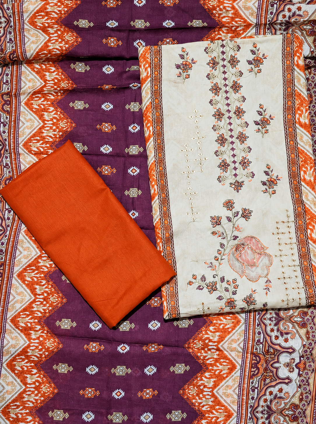 Cream Floral Embroidered Unstitched Suit with Rust Orange Printed Dupatta