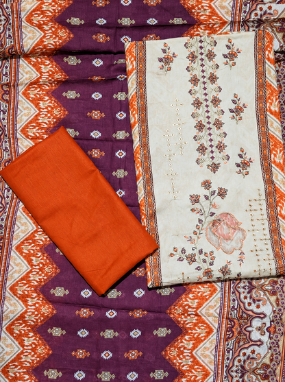 Cream Floral Embroidered Unstitched Suit with Rust Orange Printed Dupatta