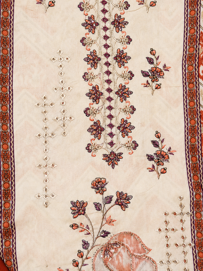 Cream Floral Embroidered Unstitched Suit with Rust Orange Printed Dupatta