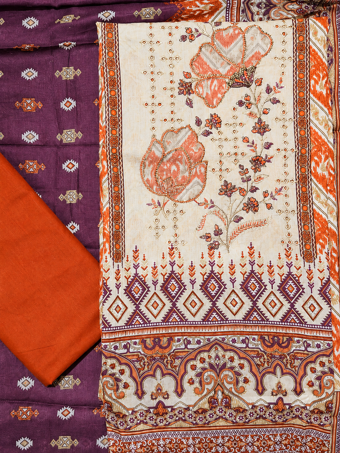 Cream Floral Embroidered Unstitched Suit with Rust Orange Printed Dupatta