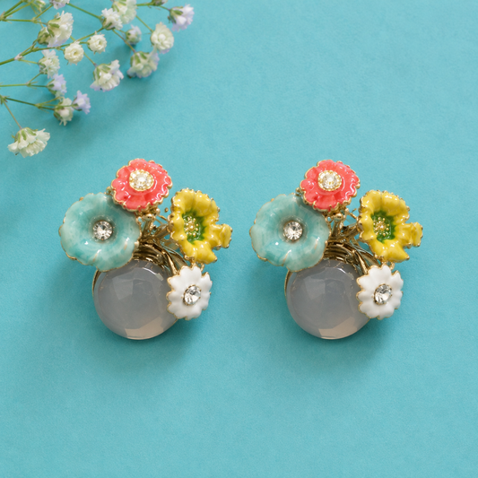 Pastel Floral Crystal Stud Earrings for Women | Gold Tone Flower Earrings