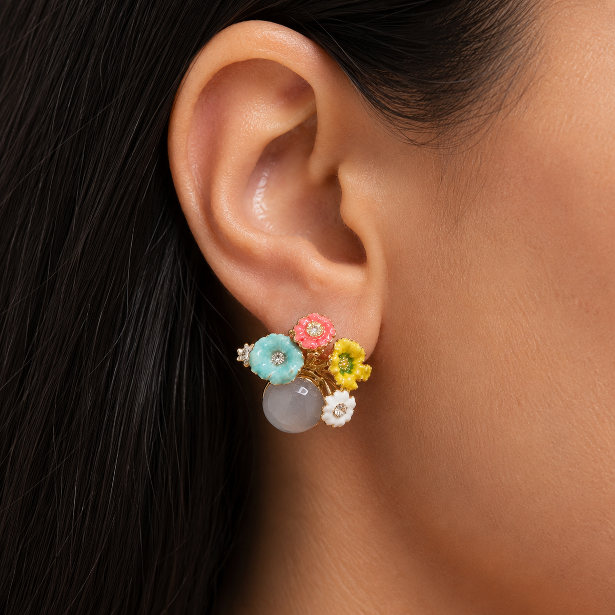 Pastel Floral Crystal Stud Earrings for Women | Gold Tone Flower Earrings