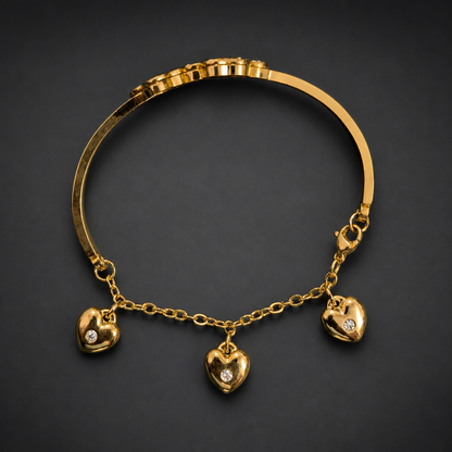 Luxury Gold-Tone Clover Bracelet with Crystal Stones & Heart Charm Chain