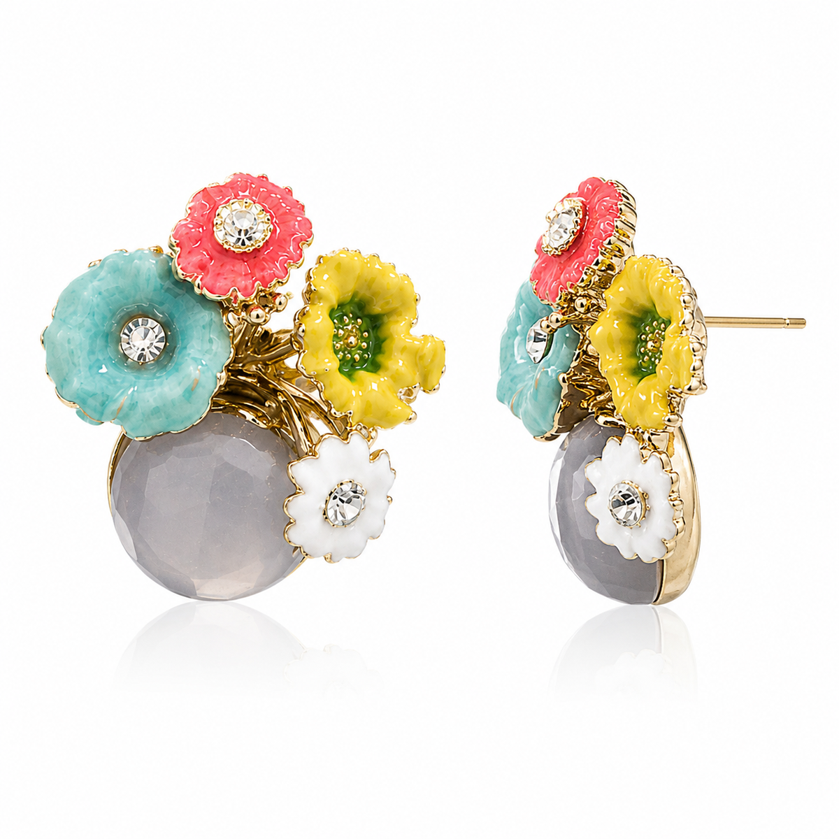 Pastel Floral Crystal Stud Earrings for Women | Gold Tone Flower Earrings