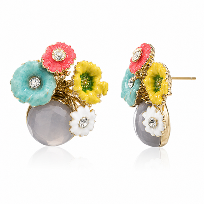 Pastel Floral Crystal Stud Earrings for Women | Gold Tone Flower Earrings